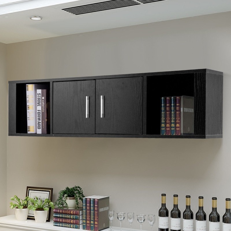 Wall Mounted Floating 2 Door Desk Hutch Storage Shelves