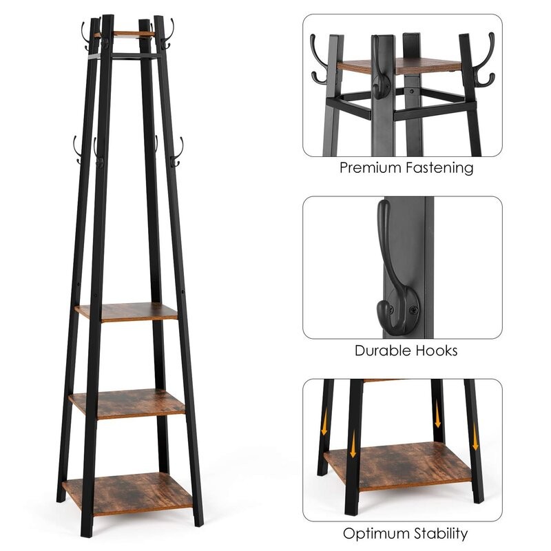 Coat Rack With 8 Dual Hooks And 4-Tier Storage Shelves