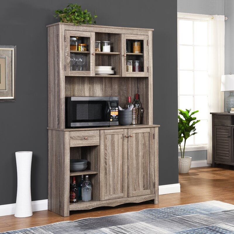 Dodwle Dining Hutch Classic Storage Cabinet with Glass Doors - Natural Wood