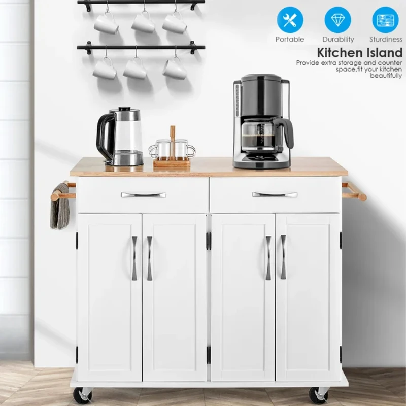 Wide Rolling Kitchen Island with Solid Wood Top