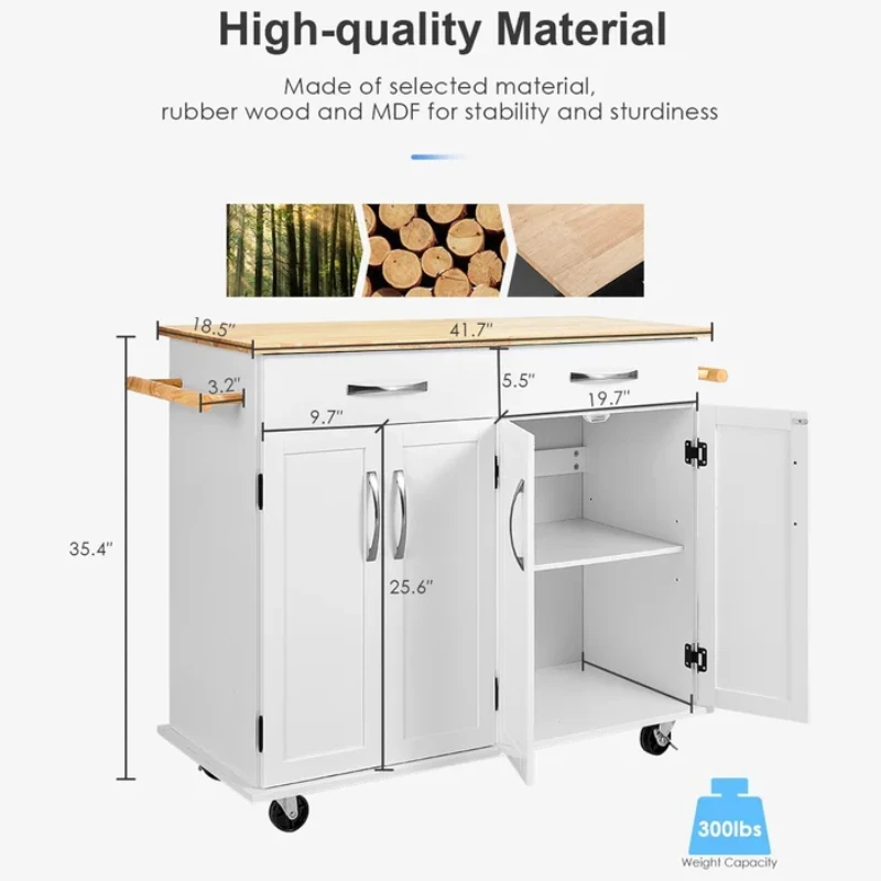 Wide Rolling Kitchen Island with Solid Wood Top