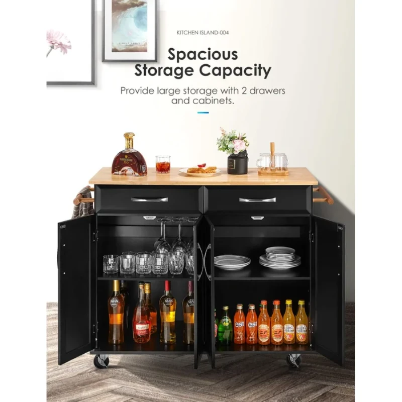 Wide Rolling Kitchen Island with Solid Wood Top