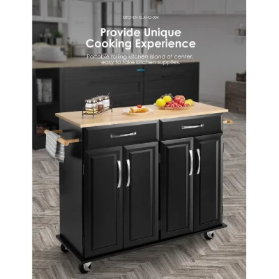 Wide Rolling Kitchen Island with Solid Wood Top