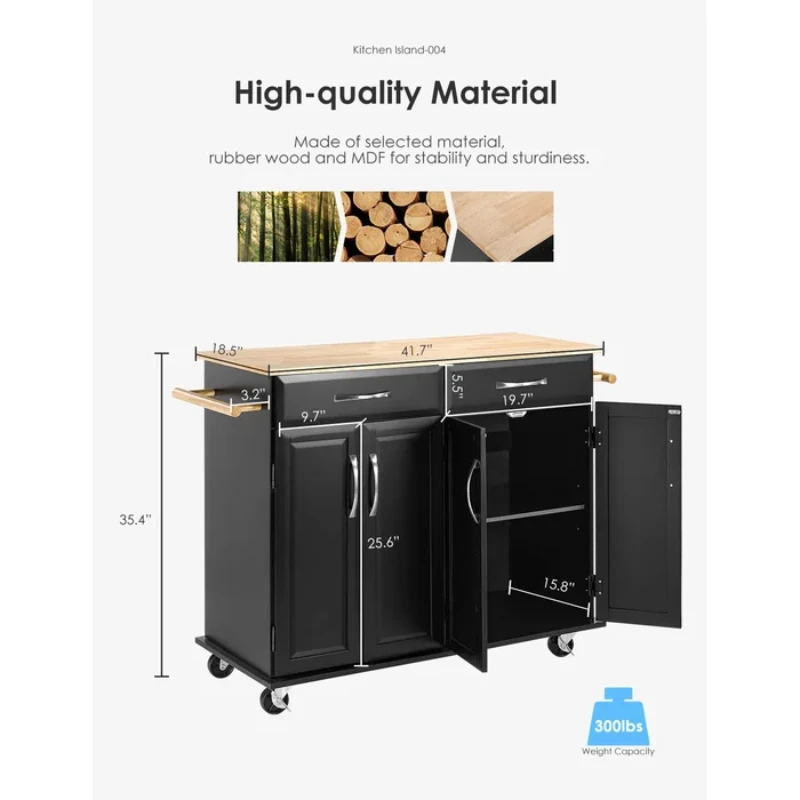 Wide Rolling Kitchen Island with Solid Wood Top