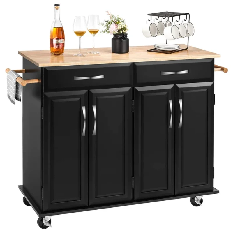 Wide Rolling Kitchen Island with Solid Wood Top