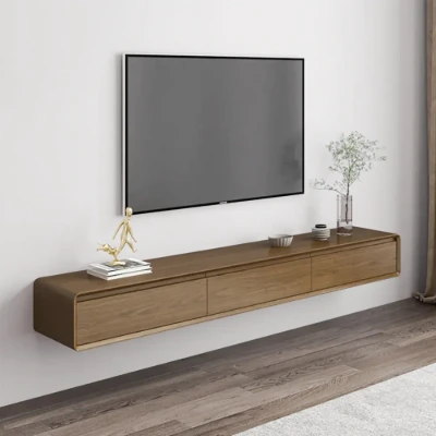 Mid Century Floating Wood TV Stand in Walnut with 3 Drawers