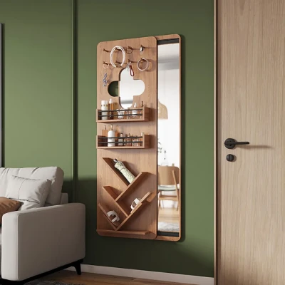 Rustic Full Length Large Wall Mirror with Makeup & Jewelry & Shelf Storage Natural Wood