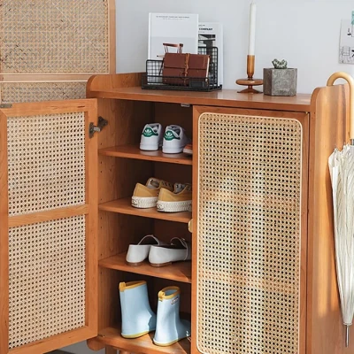 japandi Walnut Rattan Shoe Cabinet 2-Door 4-Shelf Shoe Organizer