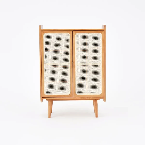 japandi Walnut Rattan Shoe Cabinet 2-Door 4-Shelf Shoe Organizer