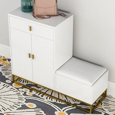 Modern Black Upholstered Shoe with Rack Flip Top Stool
