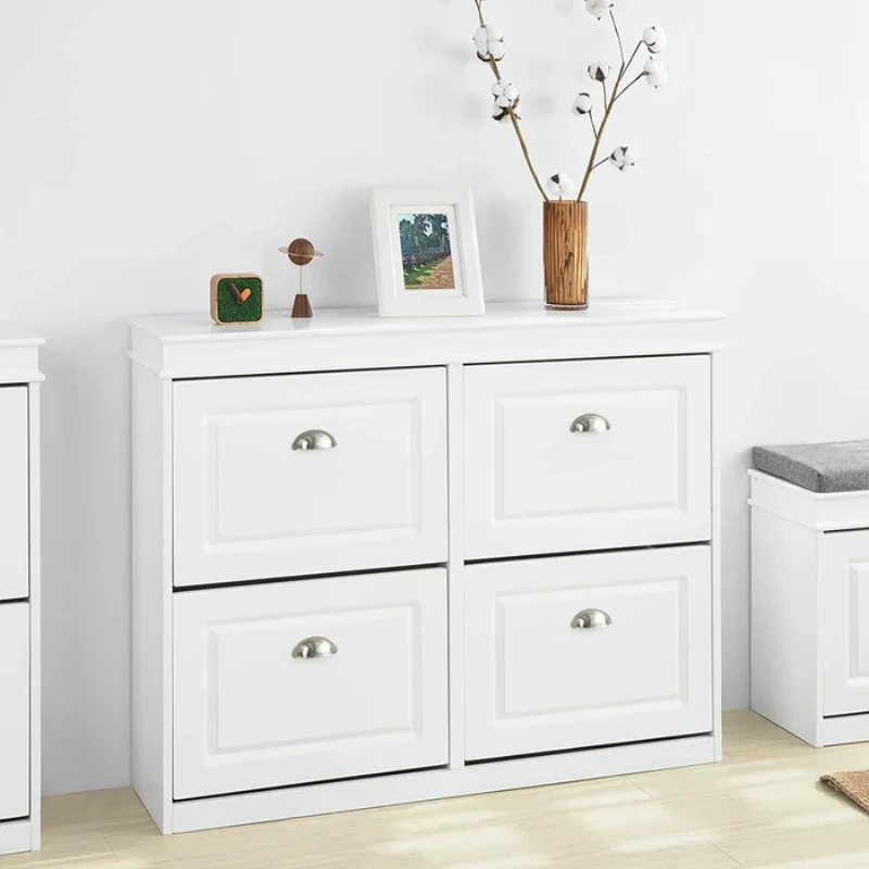 White 16 Pairs Manufactured Wood Shoe Storage Cabinet