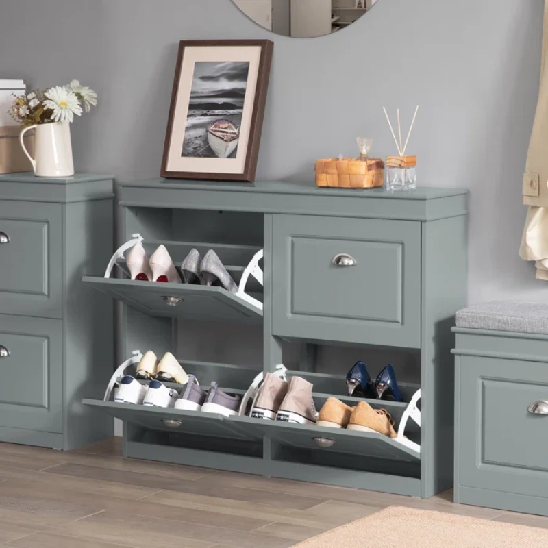 White 16 Pairs Manufactured Wood Shoe Storage Cabinet