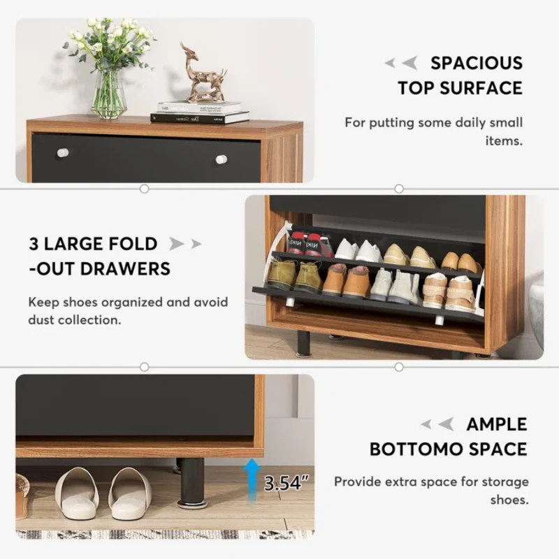 WalnutBlack 24 Pairs Solid + Manufactured Wood Shoe Storage Cabinet