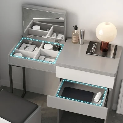 Enoro Makeup Vanity with Mirror Foldable Dressing Table with Stool & Hidden Drawer - Natural wood