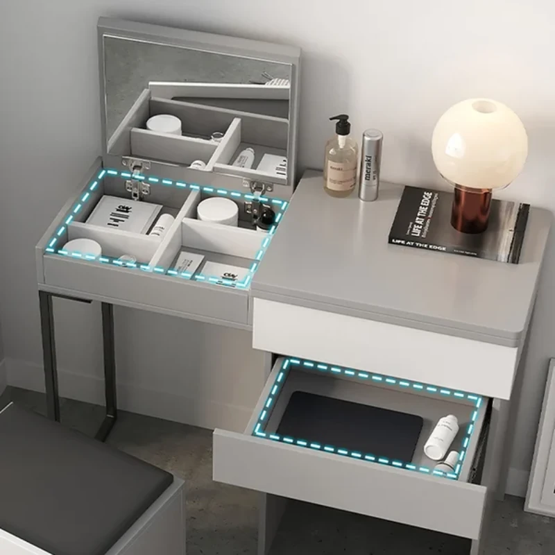 Enoro Makeup Vanity with Mirror Foldable Dressing Table with Stool & Hidden Drawer - Natural wood