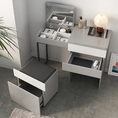 Enoro Makeup Vanity with Mirror Foldable Dressing Table with Stool & Hidden Drawer - Natural wood