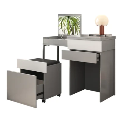 Enoro Makeup Vanity with Mirror Foldable Dressing Table with Stool & Hidden Drawer - Natural wood