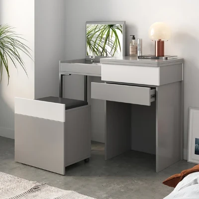 Enoro Makeup Vanity with Mirror Foldable Dressing Table with Stool & Hidden Drawer - Natural wood
