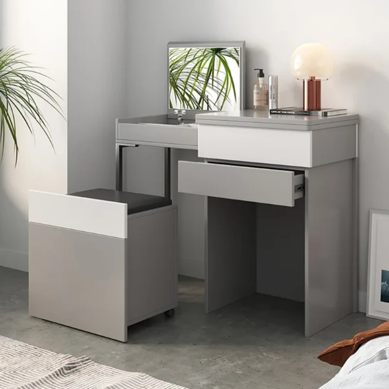 Enoro Makeup Vanity with Mirror Foldable Dressing Table with Stool & Hidden Drawer - Natural wood