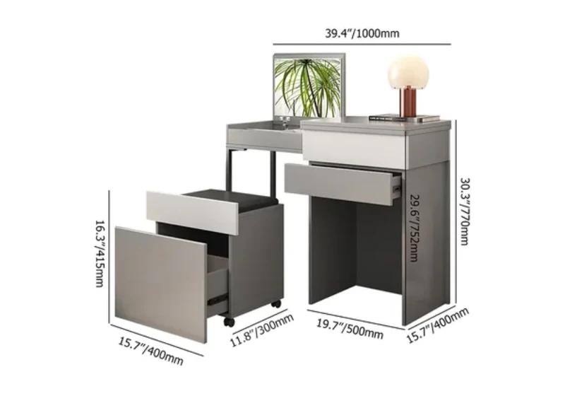 Enoro Makeup Vanity with Mirror Foldable Dressing Table with Stool & Hidden Drawer - Natural wood