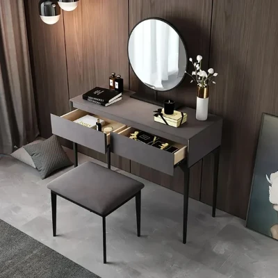 Enigma Vanity with Round Mirror and Elegant Chair – Natural Wood