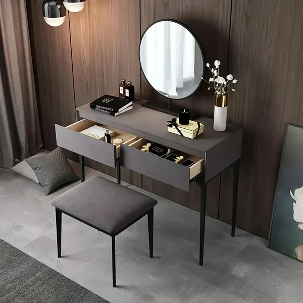 تسريحة إينجما مع مرأه دائريه و كرسى  أنيق - خشب طبيعى