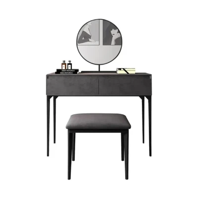 Enigma Vanity with Round Mirror and Elegant Chair – Natural Wood