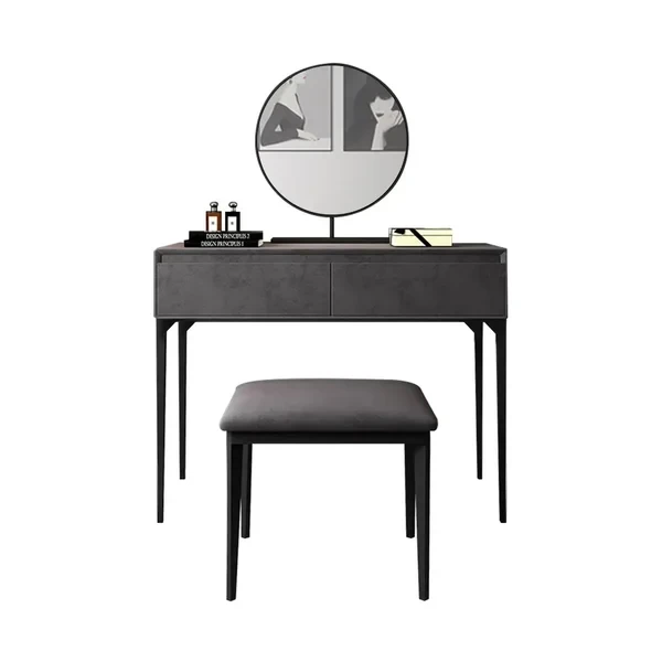 Enigma Vanity with Round Mirror and Elegant Chair – Natural Wood