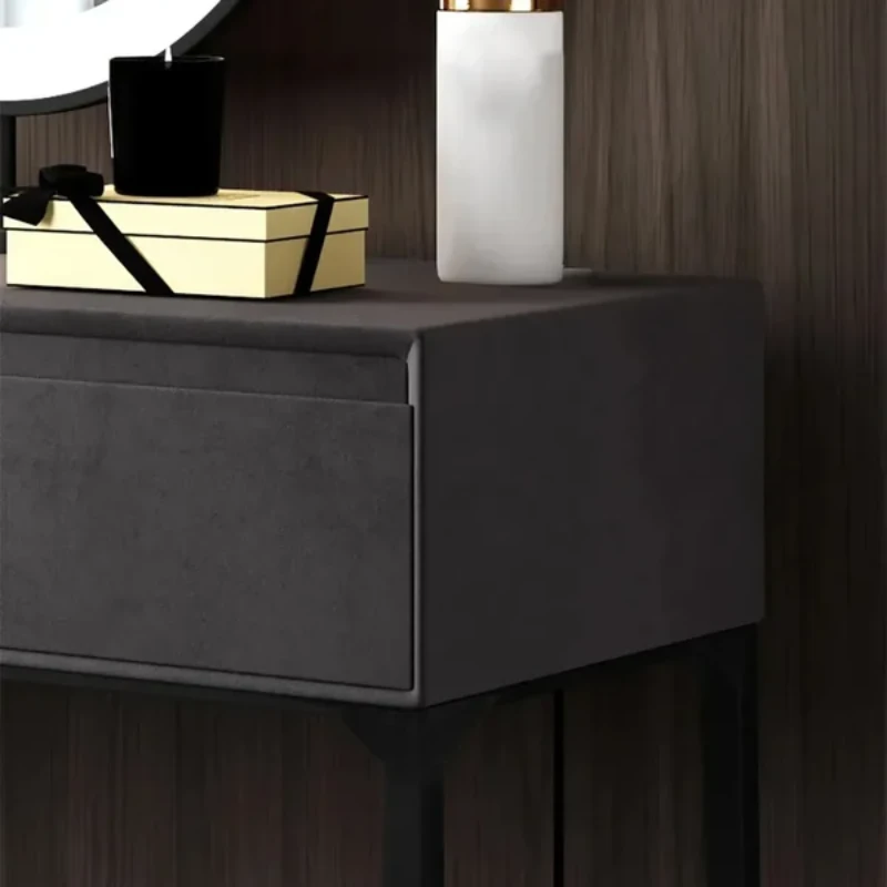 Enigma Vanity with Round Mirror and Elegant Chair – Natural Wood