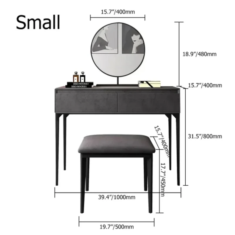 Enigma Vanity with Round Mirror and Elegant Chair – Natural Wood