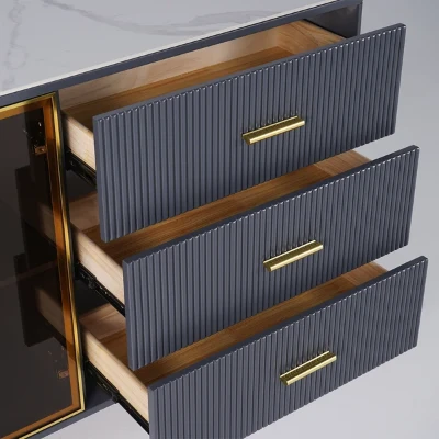 Klamf Sideboard – Natural Wood with Glass Doors and Golden Accents