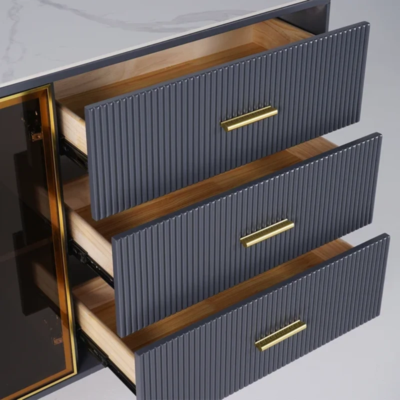Klamf Sideboard – Natural Wood with Glass Doors and Golden Accents