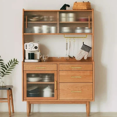 Prosy Kitchen Cabinet – Natural Wood with Glass Doors and Gold Handles