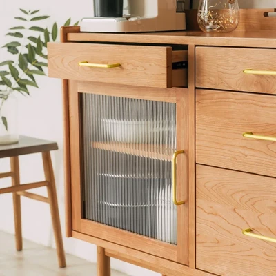 Prosy Kitchen Cabinet – Natural Wood with Glass Doors and Gold Handles