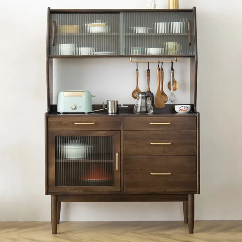 Prosy Kitchen Cabinet – Natural Wood with Glass Doors and Gold Handles