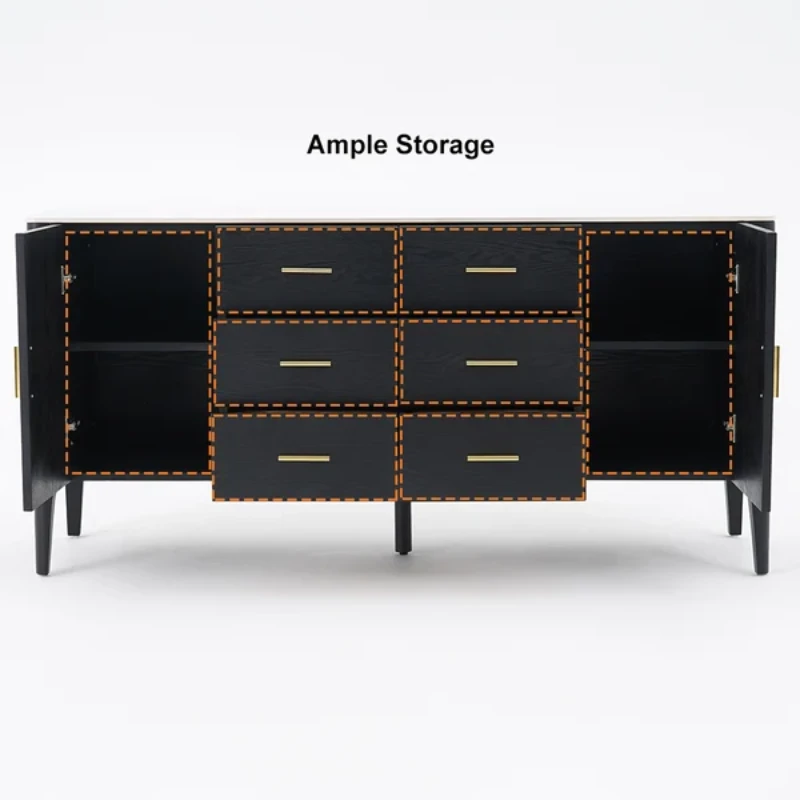 Lisco Sideboard – Natural Wood with Marble Top and Golden Handles