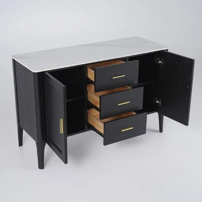 Lisco Sideboard – Natural Wood with Marble Top and Golden Handles