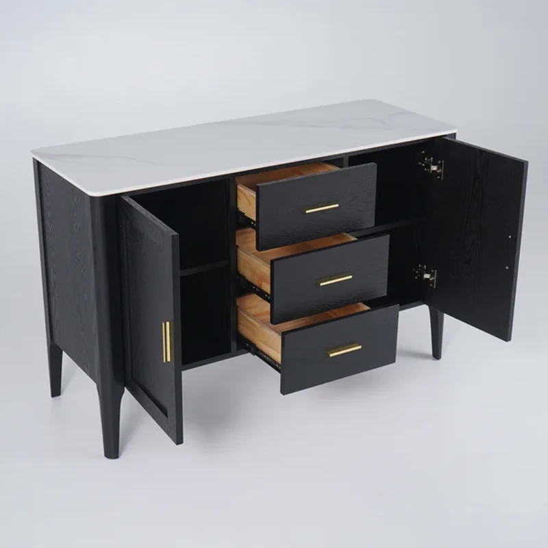 Lisco Sideboard – Natural Wood with Marble Top and Golden Handles