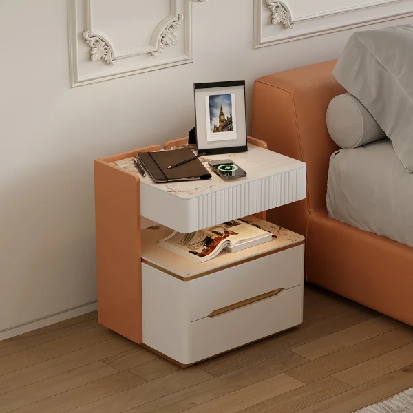 Fylora Nightstand – Natural Wood Frame with Marble Top