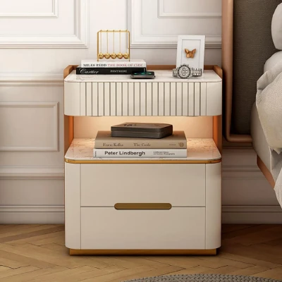 Fylora Nightstand – Natural Wood Frame with Marble Top