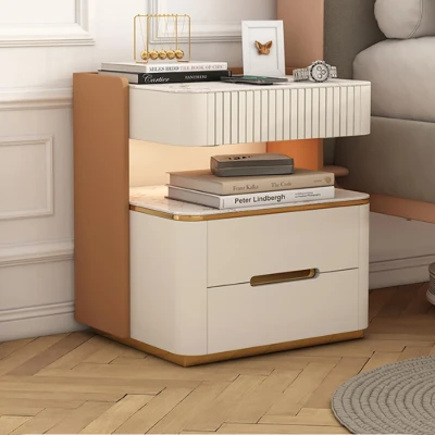 Fylora Nightstand – Natural Wood Frame with Marble Top