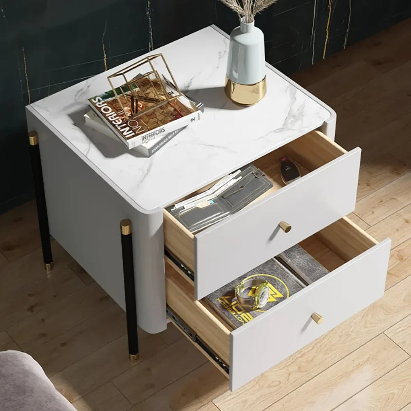 Haki Nightstand – Natural Wood Frame with Faux Marble Top and Dual Drawers