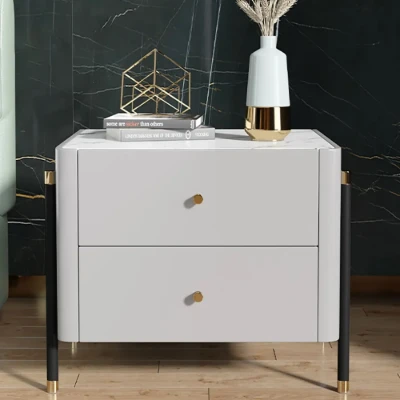 Haki Nightstand – Natural Wood Frame with Faux Marble Top and Dual Drawers