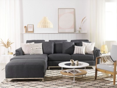 صورة مورا – كنبة زاوية بشكل حرف الـ مع مقعد إضافي -خشب طبيعي وكتان