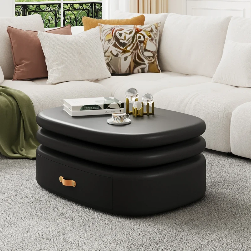 Eclipse – Oval Tiered Coffee Table made of Natural Wood with Rotating Top and Hidden Storage