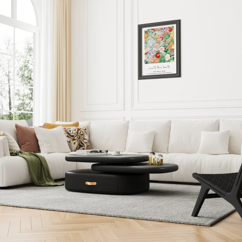 Eclipse – Oval Tiered Coffee Table made of Natural Wood with Rotating Top and Hidden Storage