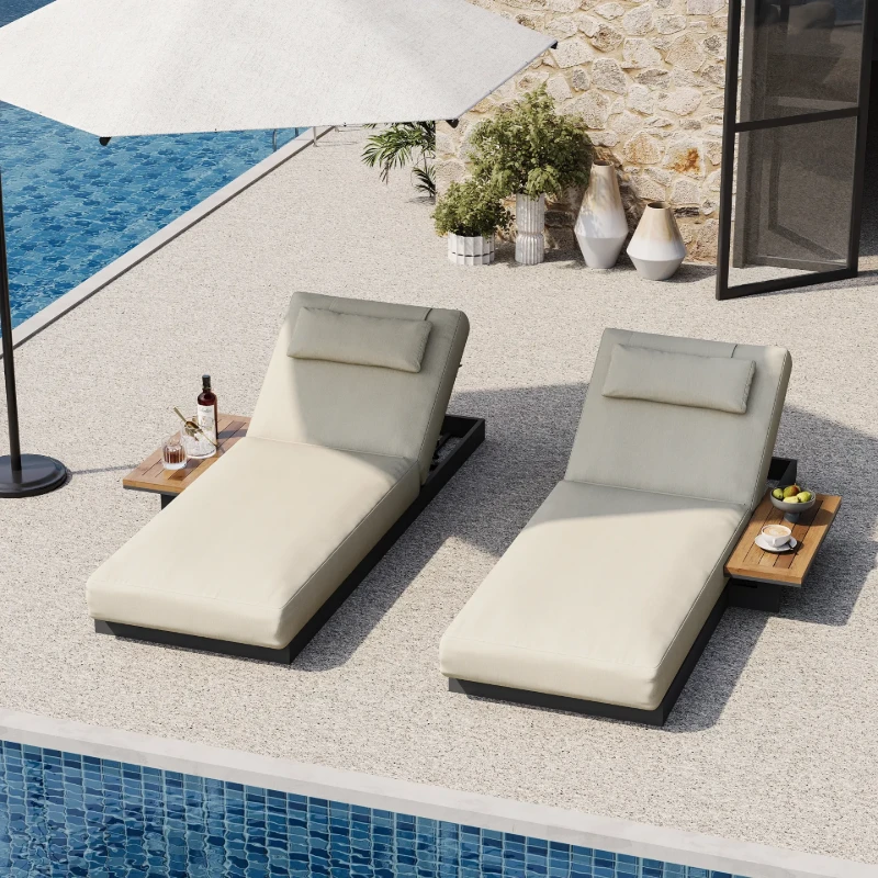 Picture of Lorigin Wooden Outdoor Lounger with side table - Natural wood