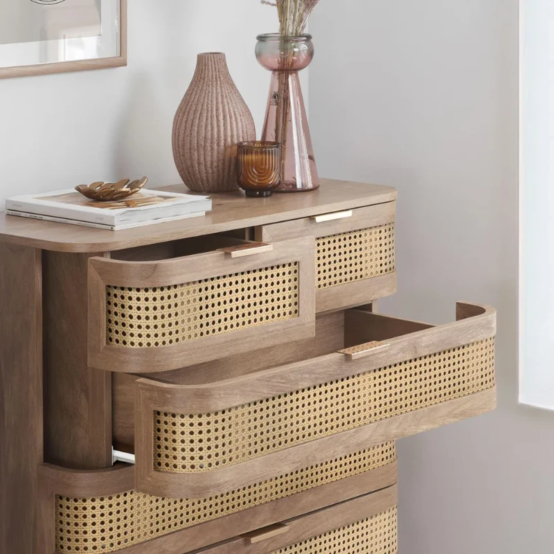 Alina – Curved Edge Rattan Wood 5-Drawer Chest