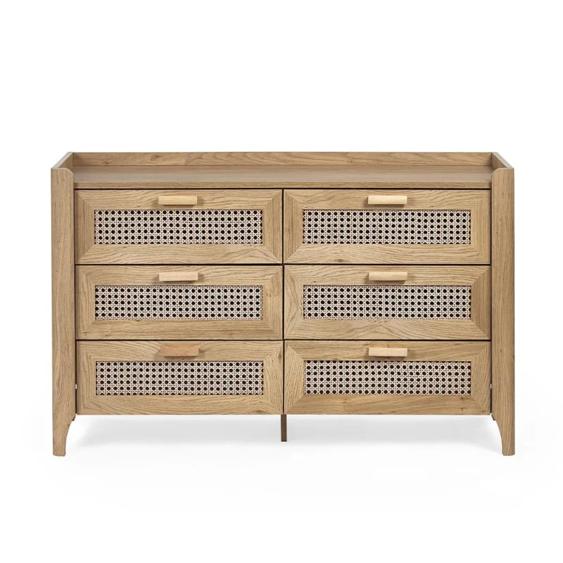 Elira – Natural Wood & Rattan 6-Drawer Chest