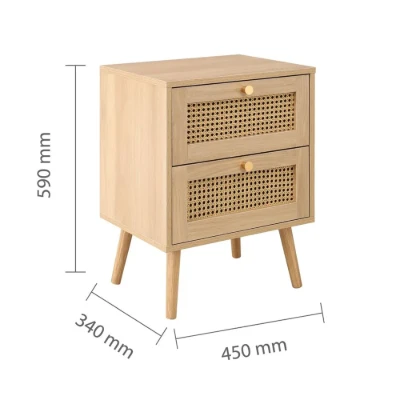 صورة سومة – طاولة سرير جانبية من الخشب والراتان مع درجين